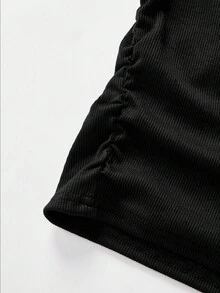 SHEIN 少女纯色星星图案褶皱吊带背心，适合冬季休闲穿着 - 黑色 - 查看 9