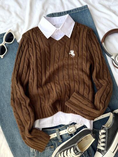 SHEIN Explorewe Tween Girl Knight Pattern V-Neck Long Sleeve Casual Cable Knit Sweater, Autumn/Winter Fall