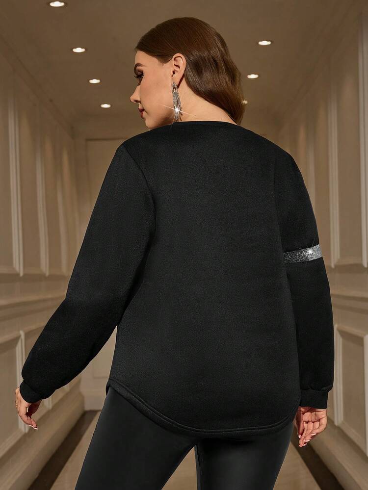 Plus Size Black Sequin Bow Decor Sweatshirt, Fashionable For Autumn/Winter Going Out,2025 New,Simple And Fashionable For Everyday Wear, Plus Size Winter, Christmas For Women, New Year,Date Night