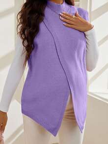 SHEIN Maternity Casual Solid Color Stand Collar Open Slit Knit Vest