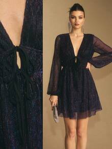 Poéselle Purple Shimmering Dress, Iridescent Dress,Iridescent Metallic-Stripe Deep-V Mini Dress – Long Balloon-Sleeve Tie-Front Cocktail Party Dress,Women's Sexy V-Neck Tie Front Lantern Sleeve Mini Dress,Elegant Dresses For Party, Luxury Evening Dresses For Women,Winter Clothes For Women,Holiday Party Dress 2025,New Year's Eve Dress,Sparkly Cocktail Dress,Halter Neck Party Dress,Night-Out Outfit Ideas,Party Dresses For Women,Christmas Party Dress - Purple - View 1