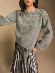 Poéselle Suéter de Malha Feminino de Manga Longa com Gola Redonda, Manga Farol, Bordado, Moda, Decote Bordado, Elegância Cintilante, Uso Elegante para Festa, Suéter de Natal, Festa de Natal, Ano Novo, Adequado para Uso Diário, Saída, Transporte, Outono/Inverno - Cinza - Visão 7