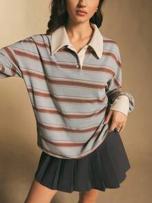 Poéselle Women's Oversized Striped Rugby Polo Shirt – Long-Sleeve Collared Preppy Tee In Soft Knit Oversized Rugby Shirt Women Striped Polo Shirt Preppy Aesthetic Vintage Rugby Top Old Money Style Collegiate Fashion Fall Casual Layering Long Sleeve Polo Women Women's Casual Striped Dropped Shoulder Loose T-Shirt, Autumn Winter For Women