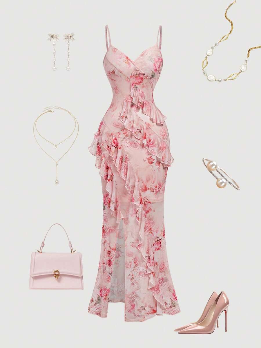 SHEIN MOD 荷叶边下摆开衩拼布印花修身连衣裙 - 彩色 - 查看 1