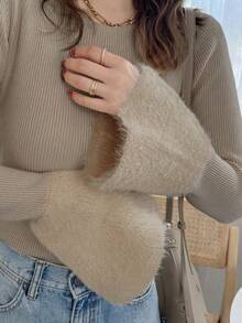 FRIFUL Women's Solid Color Patchwork Fuzzy Trim Flare Sleeve Fitted Sweater, Autumn/Winter - Camel - View 5