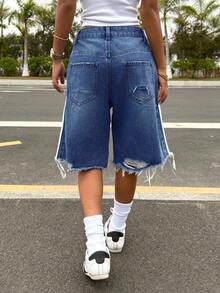 SHEIN ICON Shorts vaqueros de pierna ancha desgastados y lavados de manera casual para mujer - Azul lavado oscuro - Ver 2