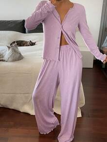 DAZY 波点印花女士纽扣前开襟长袖上衣和口袋裤睡衣套装，秋冬服装 - 淡紫色 - 查看 6