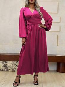 Roveilla 大码V领长袖褶皱简约长款休闲连衣裙女装 - 玫紅色 - 查看 5