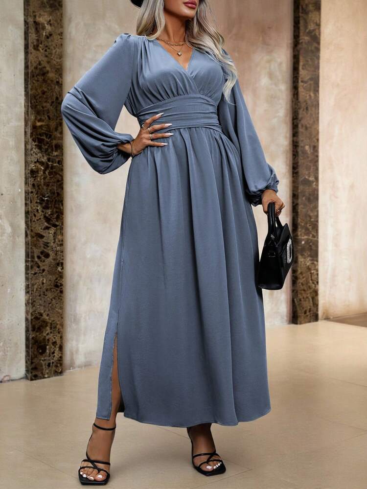 Roveilla Plus Size Women's V-Neck Lantern Sleeve Waist Pleated Dress Maxi Women Outfit - Dusty Blue - View 3