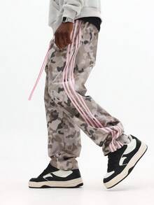 SUMWON Casual Camo Print Jogger Pants With Side Stripe Taping Streetwear Everyday Bottoms Fall Winter Fashion Relaxed Fit Wide Leg Lifestyle Trousers Modern Urban Comfort - Brown - View 6