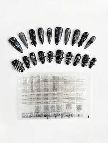 ROMWE Anime 20片暗黑哥特式蝴蝶结铆钉钢球骷髅元素高品质手工假指甲+6卷双面胶带，朋克风格可拆卸长杏仁形和中长棺材形假指甲套装，适合节日派对、舞会和日常佩戴。 - 彩色 - 查看 1