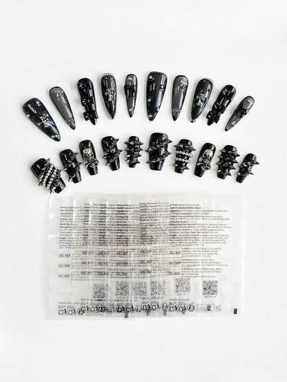 ROMWE Anime 20 Dark Gothic Bow Rivet Steel Ball Skull Elements High Quality Handmade Fake Nails + 6 Double Sided Tape, Punk Style Removable Long Almond Shape And Medium Long Coffin Shape Wear Armor Set, Suitable For Holiday Parties, Balls And Daily Wear.