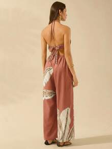 CAJUNI 女士度假休闲露背棕榈树棕色连体裤 - 棕色 - 查看 2