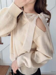 FRIFUL 女士撞色不对称落肩蝴蝶结宽松休闲百搭毛衣，秋季/秋季 - 杏色 - 查看 6