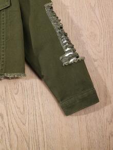 SHEIN Tween Girl Y2K Cute Pink Casual Distressed Cropped Jacket & Drawstring Waist Denim Mini Skirt 2-Piece Set Children Two Piece Jacket With Skirt 2 Piece Skirt Set For Girl Girls Jacket Skirt Set Green Kids Two Pieces Jacket With Skirt - Army Green - View 8