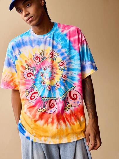 SpongeBob SquarePants | SHEIN 男士休闲螺旋扎染卡通蜗牛印花落肩T恤，夏季