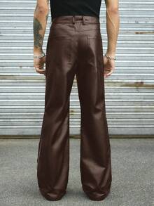 AXEPEAK Men's Fashion Zipper Design PU Leather Loose Pants - Brown - View 2