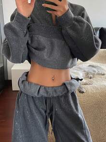 Livesso 女士亮片宽松上衣和运动裤两件套，秋冬季女士运动套装家居服套装 - 灰色 - 查看 5