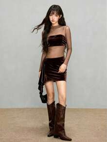 Rina Fox 女士性感网纱天鹅绒拼接长袖连衣裙 - 咖啡 - 查看 1