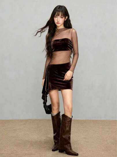 Rina Fox 女士性感网纱天鹅绒拼接长袖连衣裙