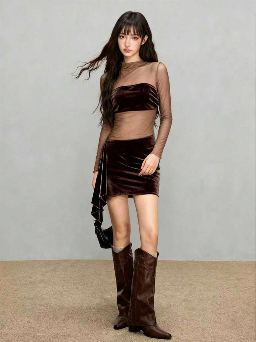 Rina Fox 女士性感网纱天鹅绒拼接长袖连衣裙 - 咖啡 - 查看 1