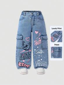 Sparklyn 1件少女牛仔工装裤，时尚街头风休闲学院风度假推荐，黑色+粉色爱心+英文印花，可爱甜美 - 淺色水洗藍 - 查看 3