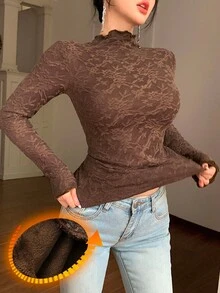 DAZY 女士宽松休闲棕色蕾丝花边花卉印花长袖T恤，加厚秋冬装 - 棕色 - 查看 2