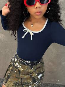 Coolane Kids Maglietta da donna aderente con fiocco in stile balletto, semplice e alla moda, adatta per uso casual e quotidiano, abbigliamento autunnale per ragazze pre-adolescenti - Blu Navy - Visualizzare 3