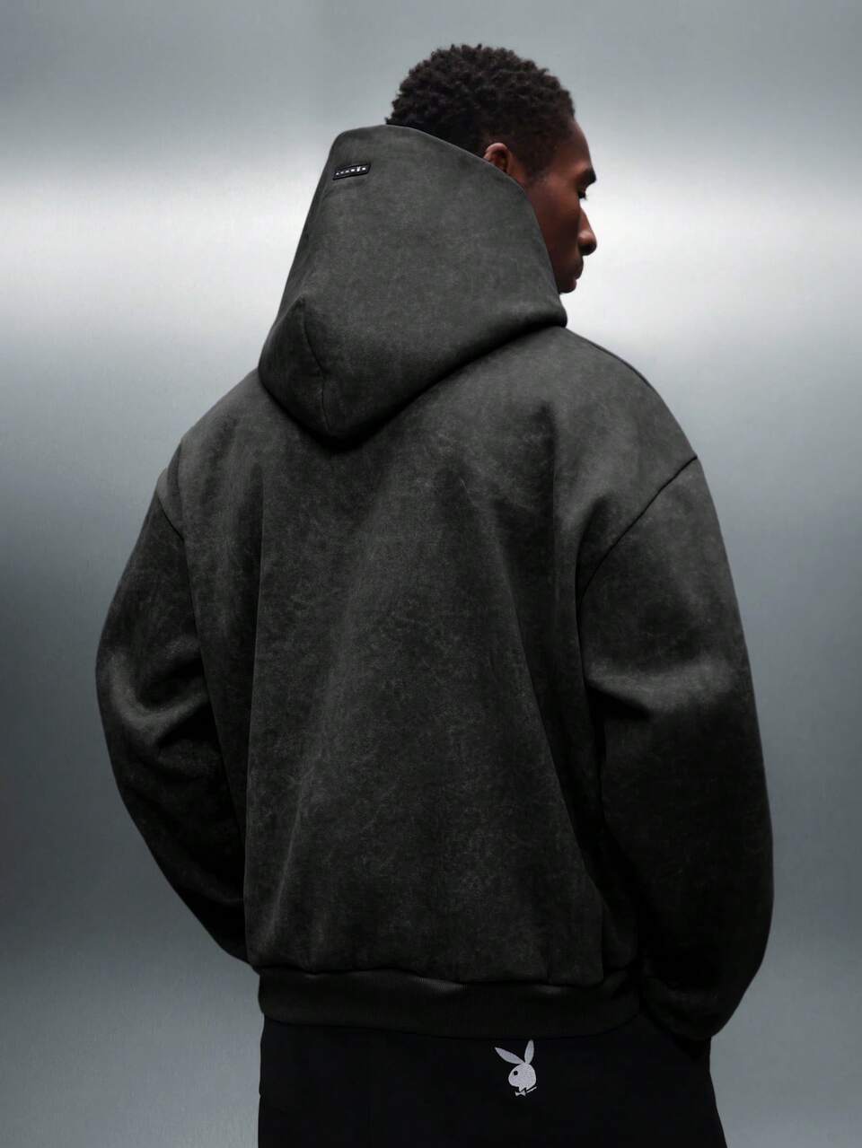 PLAYBOY X SUMWON Mens Essential Washed Effect Overhead Hoodie Pullover Regular Fit Drawstring Hooded Sweatshirt Fall Winter Casual