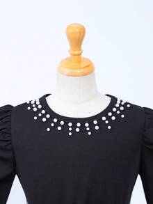 女童复古优雅连衣裙，珍珠领，泡泡袖，蝴蝶结腰带，星光网纱裙摆，适合派对、宴会和节日穿着。 - 黑色 - 查看 4