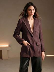 Anewsta Suede Long Sleeve Elegant Multi-Pocket Blazer - Mocha Brown - View 3