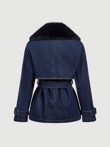 Selenza Women's Fur Collar Long Sleeve Waist Buckle Design Fashion Denim Jacket - Blue - View 9