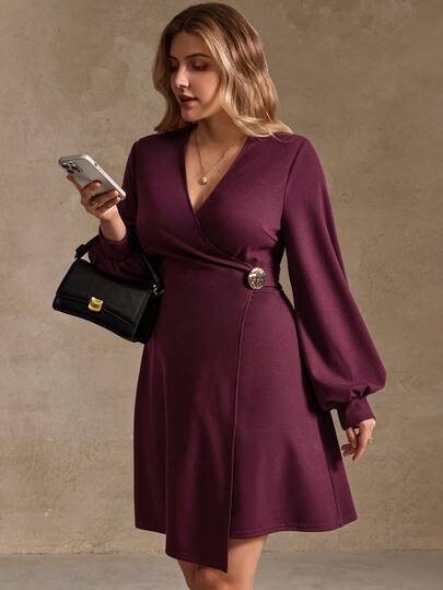 Elegantrix Autumn And Winter Plus-Size Women's Clothing Metal Buckle Strap Slit Irregular A-Line Knitted Dress, Work/Office, Old Money Style Women's Clothing, Afternoon Tea Outfit