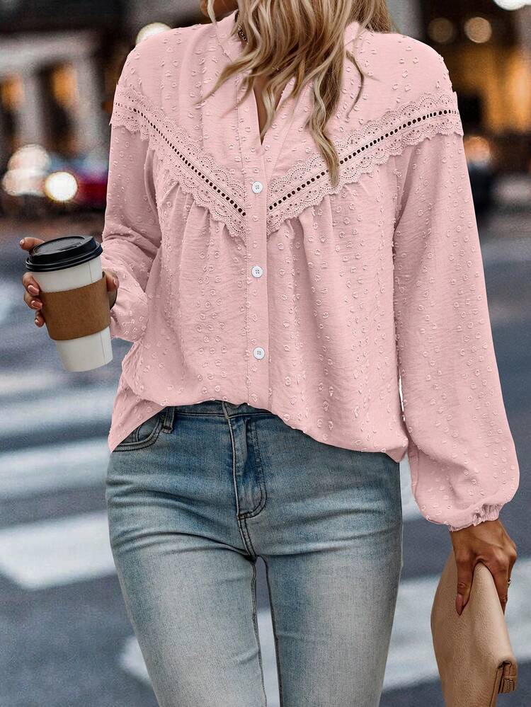 SHEIN LUNE Women Button Front Long Sleeve Patchwork Blouse, Casual Everyday Wear Women Shirt - Pink - View 4
