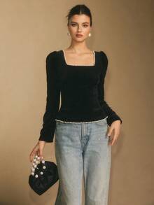Poéselle Women's Velvet Square-Neck Long-Sleeve Top, Elegant Puff-Shoulder Top For Holiday & Evening, Faux Pearl Embellished Top, Velvet Black Square Neck Top, Holiday Going Out Top - Black - View 3