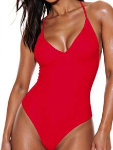 Swim Basics 2025 Women Solid Color Criss-Cross Back One-Piece Swimsuit