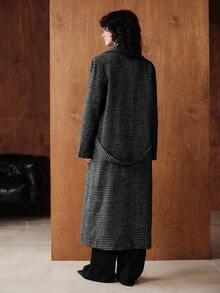 Zovinel 女式千鸟格羊毛混纺长款大衣，秋冬休闲商务通勤外套 - 黑色 - 查看 3