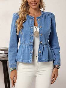 EMERY ROSE Women Front Button Long Sleeve Pleated Casual Denim Jacket, Minimalist Style - Blue - View 4