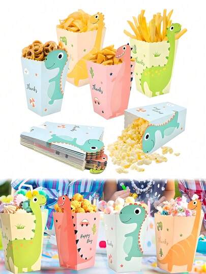 12/24pcs-Party Gift Bag, Cute Dinosaur Cartoon,Disposable Container Paper Bag, Four Different Colors Of Gift Filling Bag, Table Centerpiece, Birthday Decoration Supplies, Gifts For Friends, Suitable For Indoor Family Living Room Party Supplies, Movie Essential Props, Outdoor Party Holiday Decoration