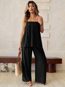 Roveilla 加大码女式亚麻竹法式休闲连体裤，宽松度假沙滩连体裤，配腰带，适合春夏季 - 黑色 - 查看 3