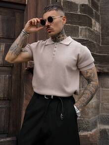 Artur Kramer 男士镂空设计针织Polo衫，简约时尚，适合夏季 - 卡其色 - 查看 1