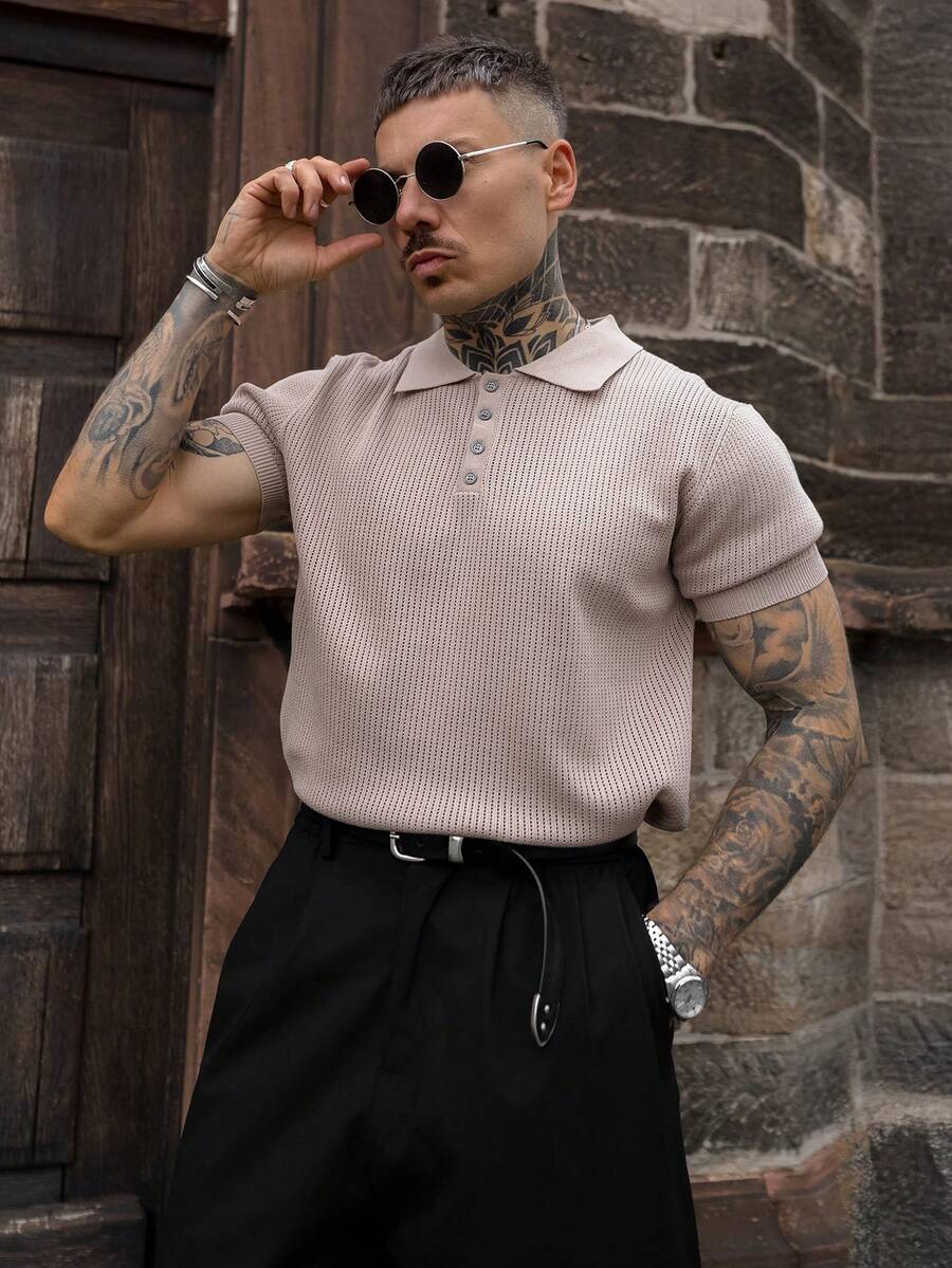 Artur Kramer 男士镂空设计针织Polo衫，简约时尚，适合夏季 - 卡其色 - 查看 1