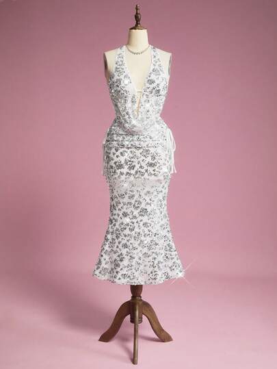 ROMWE Avant 2pcs Y2K Party Sexy Backless Sequin Mermaid Skirt Set For Women