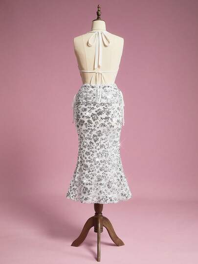 ROMWE Avant 2pcs Y2K Party Sexy Backless Sequin Mermaid Skirt Set For Women