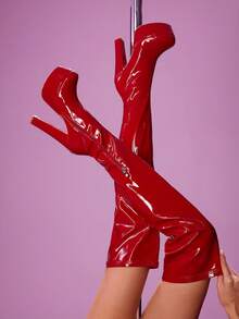 CUCCOO LuxiPop 女士圆头粗跟厚底高跟靴，黑色PU皮材质，时尚简约设计，舒适透气，侧拉链和系带设计，适合春夏、度假、旅行，2000年代风格 - 紅色 - 查看 4