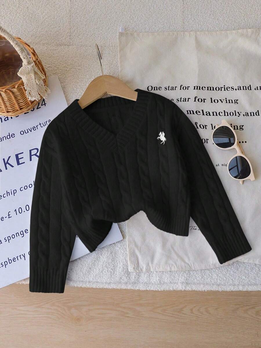 SHEIN 1 件女童经典粗针织套头衫,V 领修身长袖常规厚度针织上衣,带有黑色骏马刺绣装饰,舒适百搭,适合春秋季节、日常休闲穿着或户外活动 - 黑色 - 查看 1