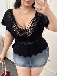 CovetEZ Plus Size Summer Crochet Vintage Vacation Knit Top Black Crochet Top Lace Top Crochet Top Women Black See Through Top Lace Tops For Women - Black - View 3