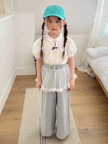 Dazy Kids 年轻女孩抽绳腰部撞色网眼荷叶边下摆宽松裤，女孩夏季服装 - 灰色 - 查看 2