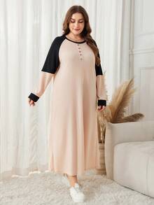 Lacomfia Váy len dệt kim tay raglan phối màu cho nữ, dáng rộng, cổ tròn, cỡ lớn, dài - Bụi hồng - Xem 3