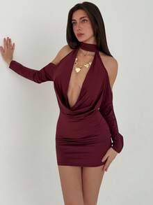 Aloruh Women's Plunging Neck Cold Shoulder Burgundy Mini Dress,Elegant Wedding Guest Evening Formal Party Dress For Winter,Techno Date Night Out Rave - Cherry Red - View 8